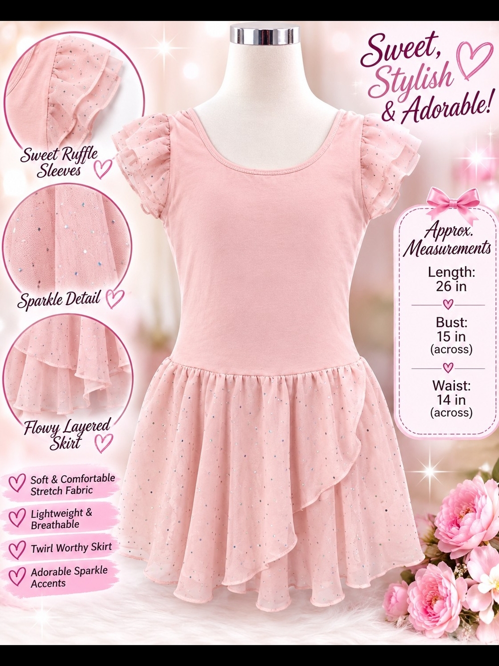 Girls Pink Sparkle Ruffle Dance Leotard With Attached Sparkle Skirt Size 180